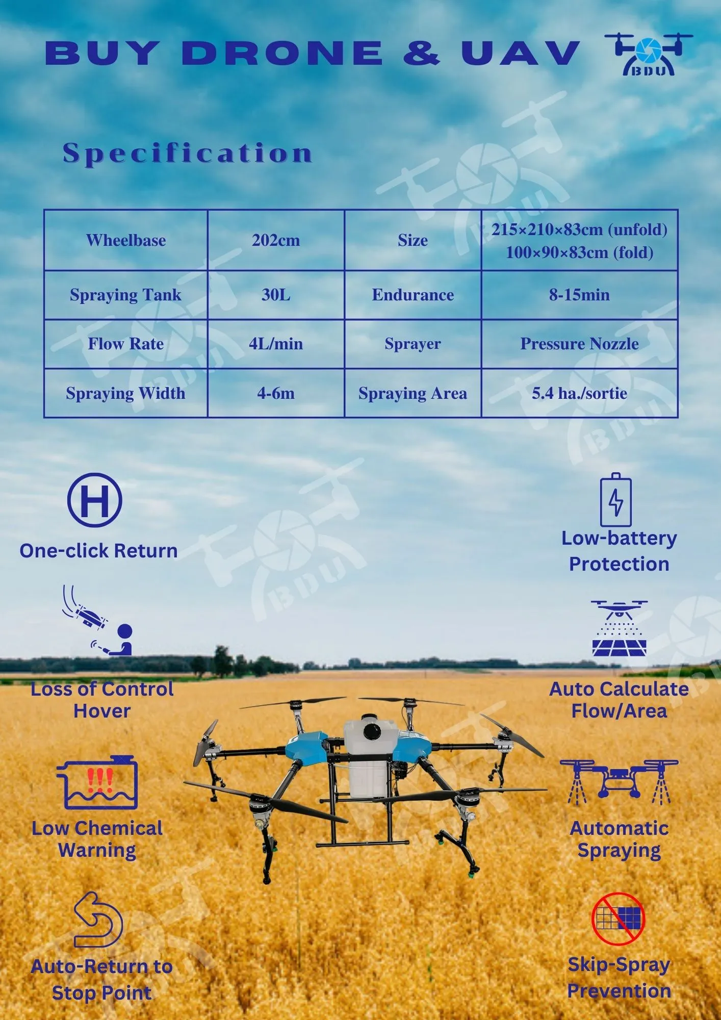 BDU Spraying Drone AE30 30L Agriculture Sowing Fertilizing Weed Pest Control 2 precision agriculture, agriculture drone, drone, spray
