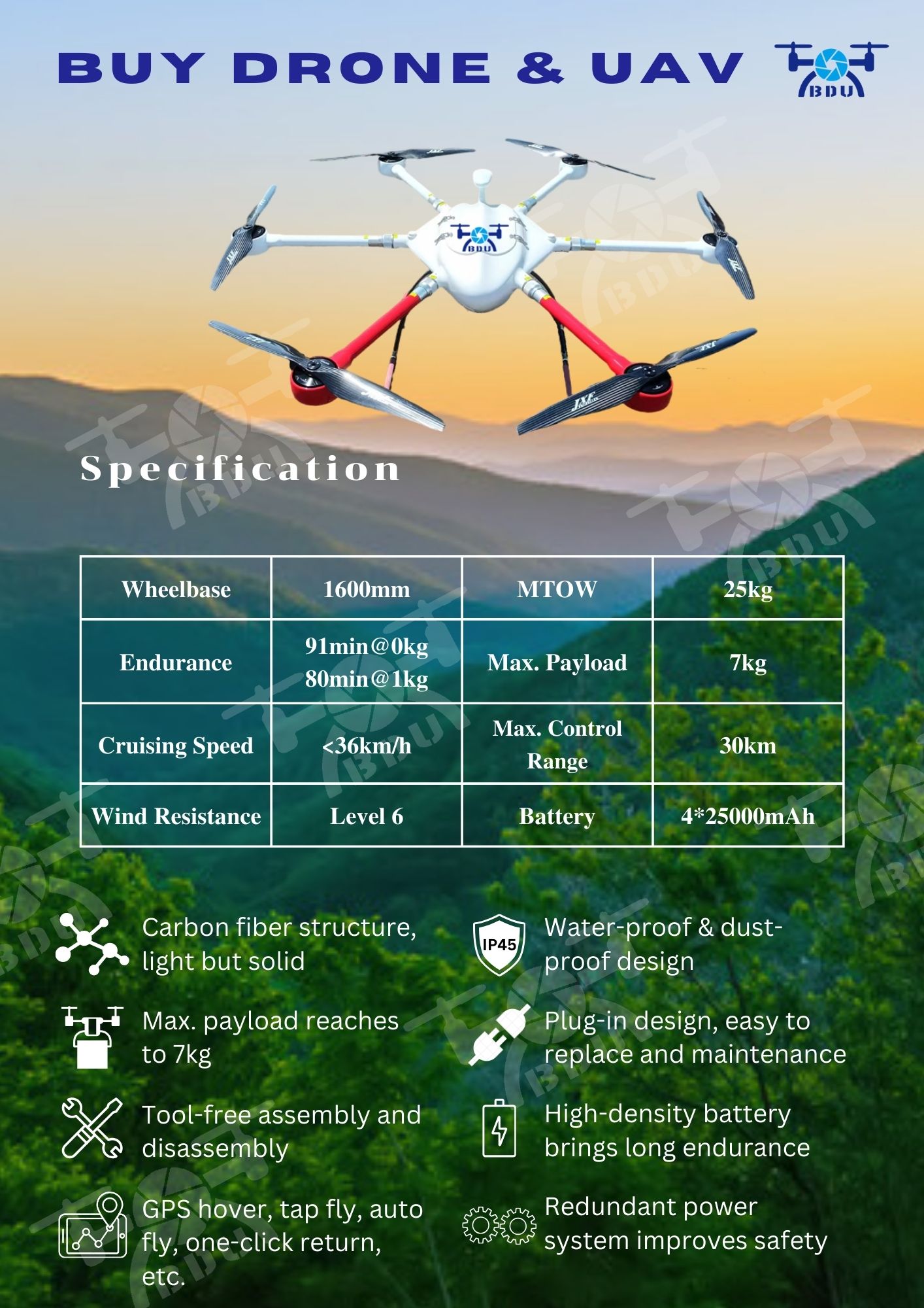 BDU Multi Rotor Drone HD160 Rotary Wing UAV 91min Endurance Aerial Patrol 3 rotary wing, hexacopter, drone